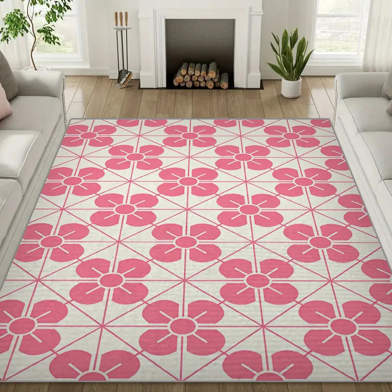 Frischer Teppich mit geometrischem Blumenmuster für Wohnzimmer und Sofa, großer Teppich, verschleißfest, rutschfest und leicht zu reinigen, weicher Teppich