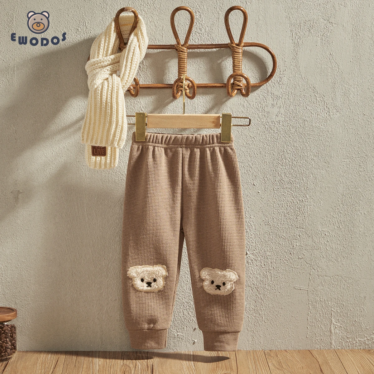 EWODOS 0-3T Newborn Babies Unisex Long Pants Waffle-Knit Casual Pants for Toddlers Infant Baby Cartoon Bear Pattern Trousers