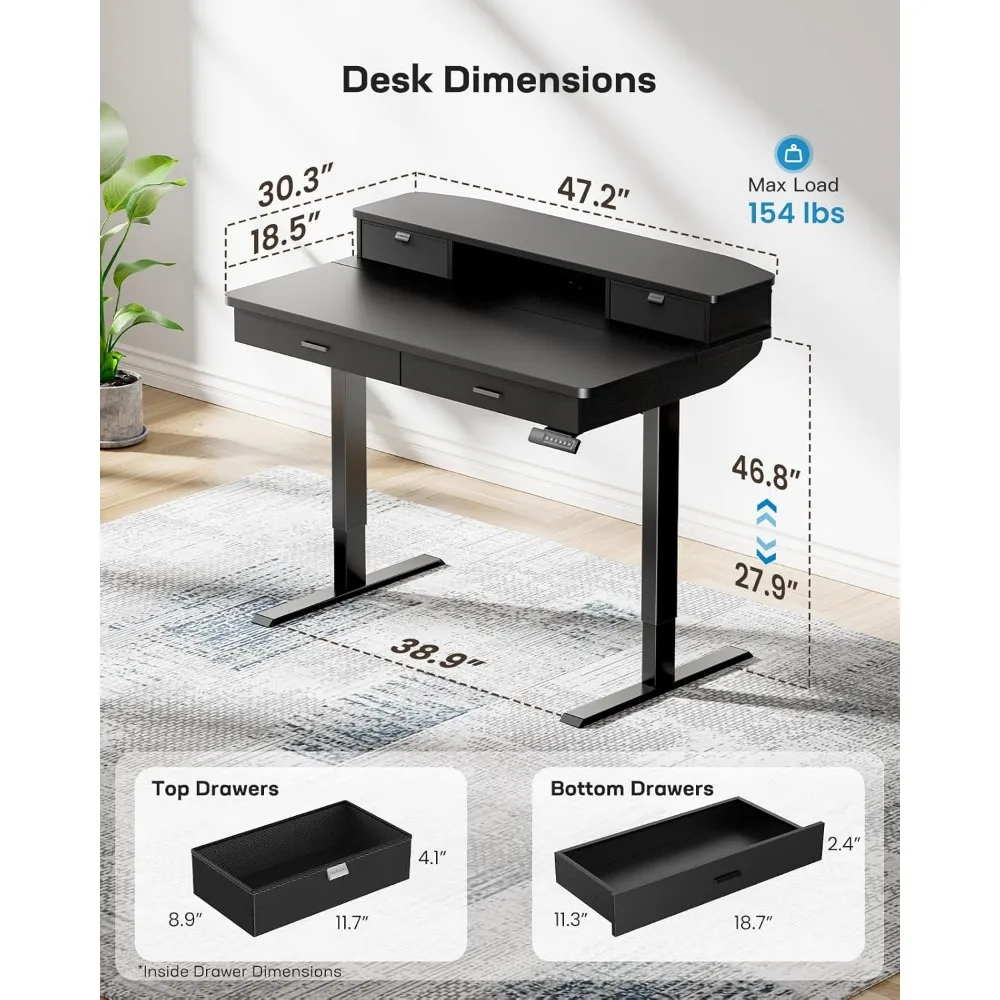 Scrivania ergonomica elettrica ad altezza regolabile con cassetti in legno e contenitore a due livelli per l'home office