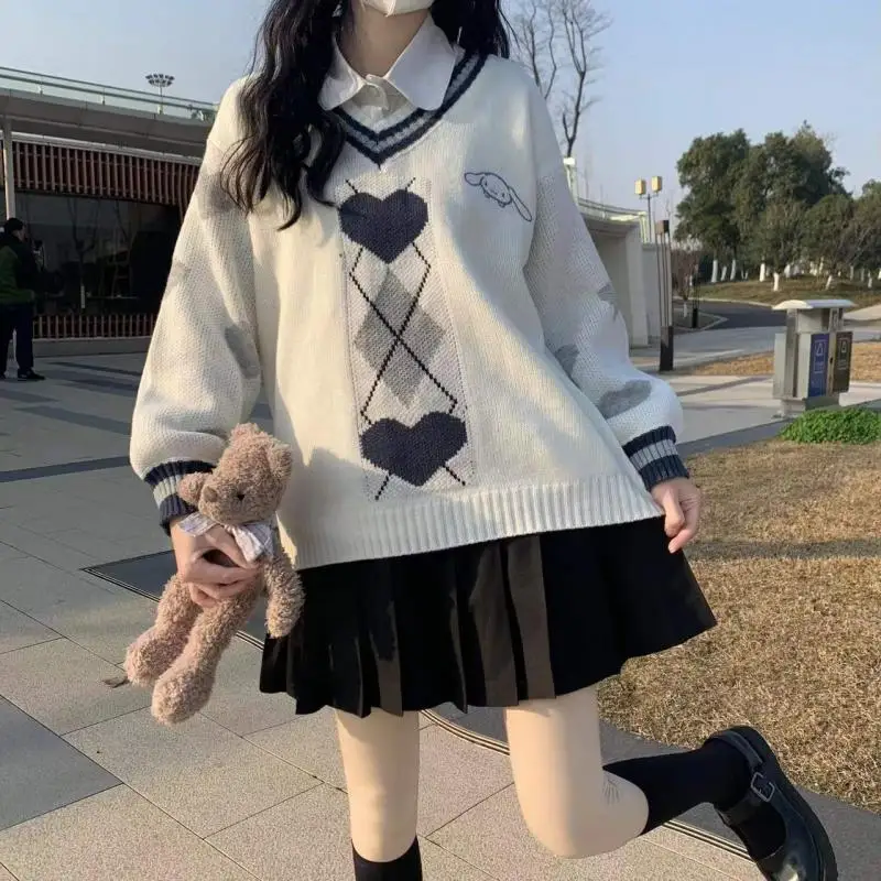 Jk Anime Cartoon Cinnamoroll V-Neck Sweater Embroidered Tops Women's Clothing Kawaii Y2K Loose College Style Knitwear Sweater