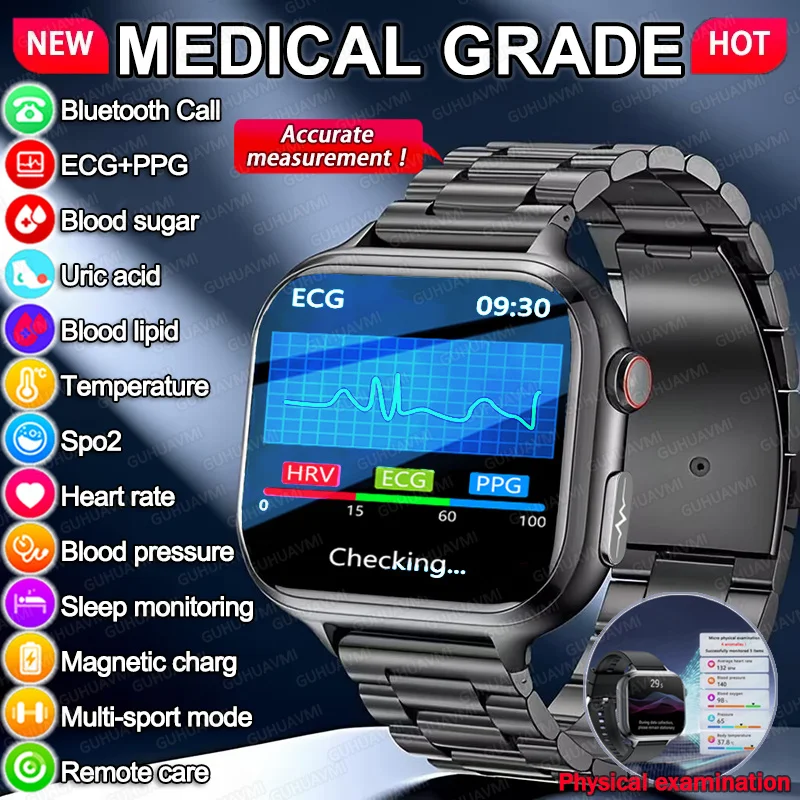 2025 ECG médico + PPG láser ritmo cardíaco reloj inteligente hombres ácido úrico lípido en sangre BP glucosa en sangre relojes pulsera de salud