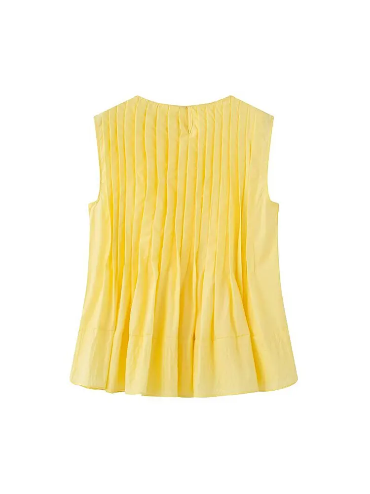 2025 Top da donna casual chic estivo Top decorativo pieghettato senza maniche con scollo a O solido Top di nuova moda