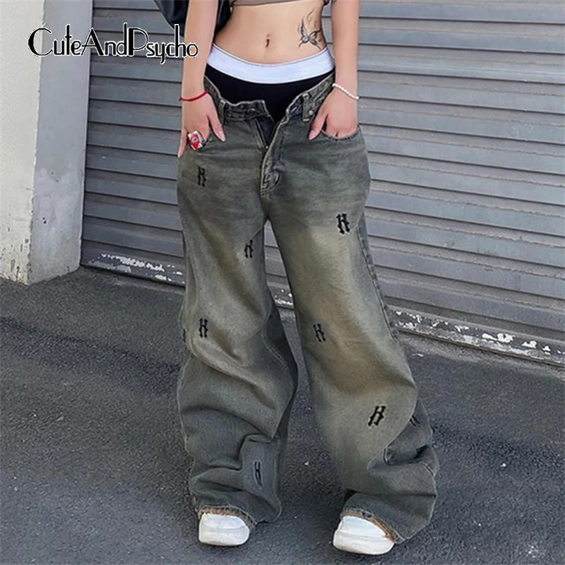 

Cuteandpsycho Streetwear Letter Print Baggy Jeans Y2K Harajuku Vintage Wide Leg Denim Trousers Fairycore Chic Korean Pants 90s