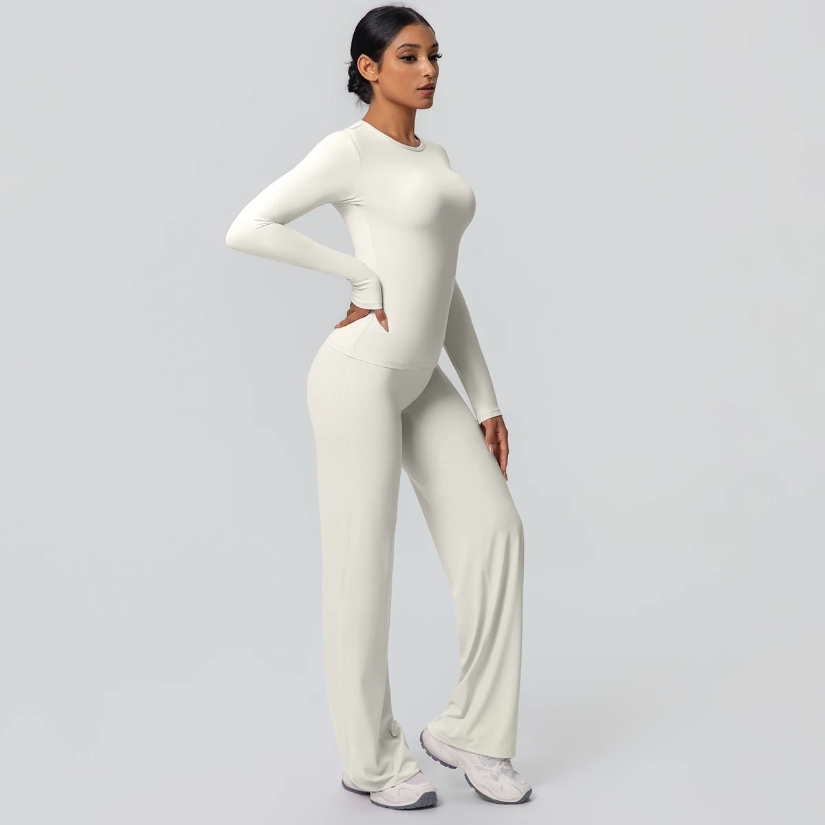 2 stück Frauen Gym Yoga Set Lauf Shirts Schlank Lange Ärmel Workout Top Schnell Trocknend Hohe Stretch Breite Bein Hosen dünne Yoga Set – Detail 28