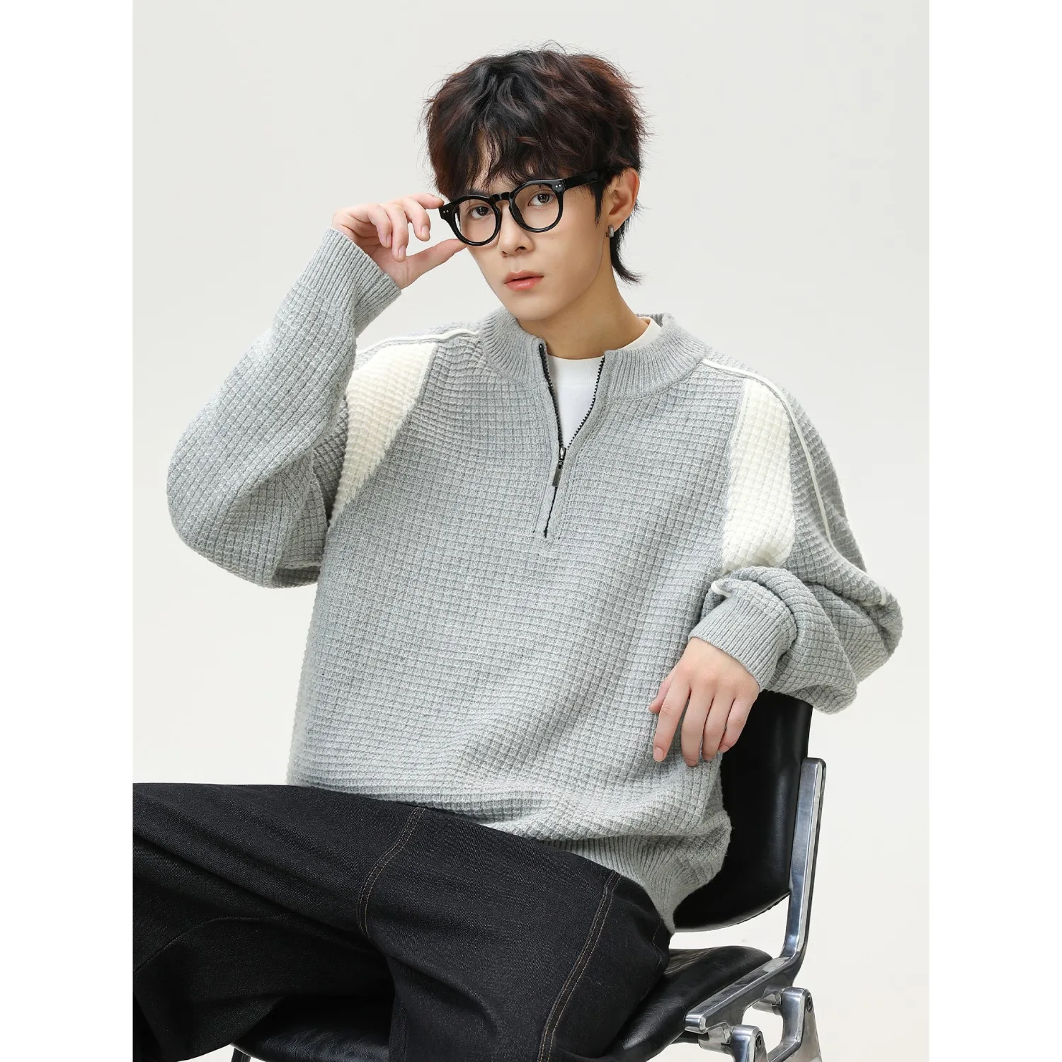 

Мужской свободный вязаный свитер на молнии с цветными блоками, повседневный, удобный, из полиэстера, в винтажном американском стиле, осень-зима