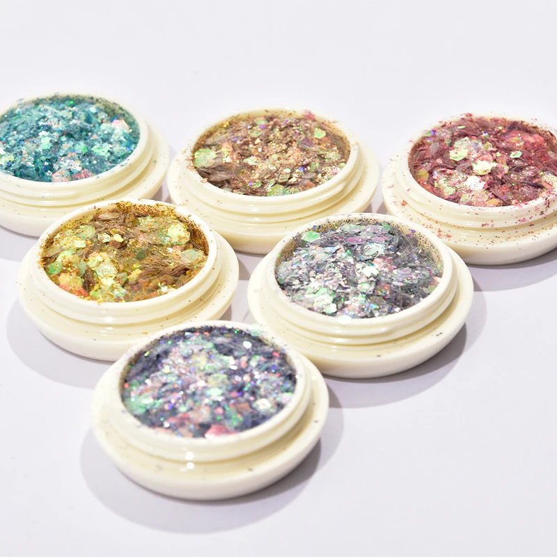 6 الجرار مكتنزة بريق مجموعة الأزرق الفضة الذهب المجسم الشعر العين الوجه الجسم مسمار بريق ماكياج التجميل حورية البحر فضفاض السائبة بريق