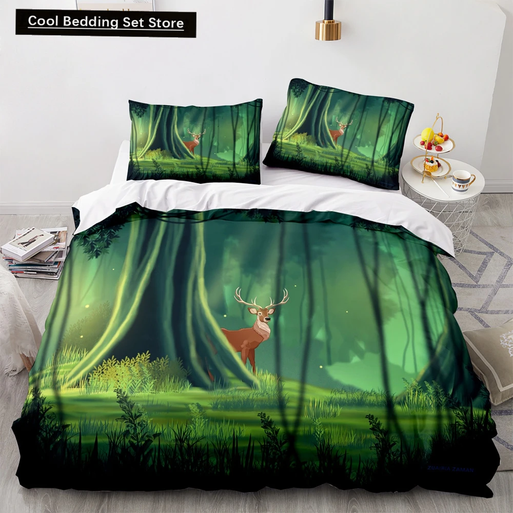 Green Forest King Queen Duvet Cover Fairy Cartoon Trees Elk Bedding Set for Adults Plant Animal 2/3pcs Polyester Comforter Cover