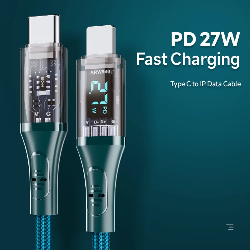 PD27W digital display transparent fast charge data cable for Apple 12W nylon braided Apple phone Lightning charging cable