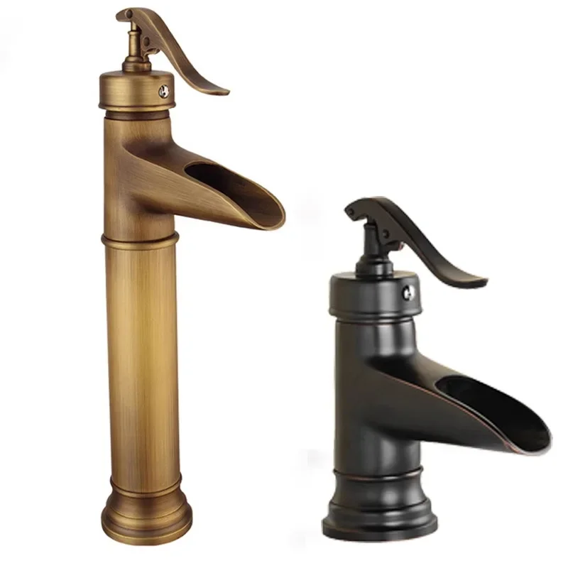 

Copper antique brass washbasin hot and cold faucet European retro washbasin waterfall faucet single handle
