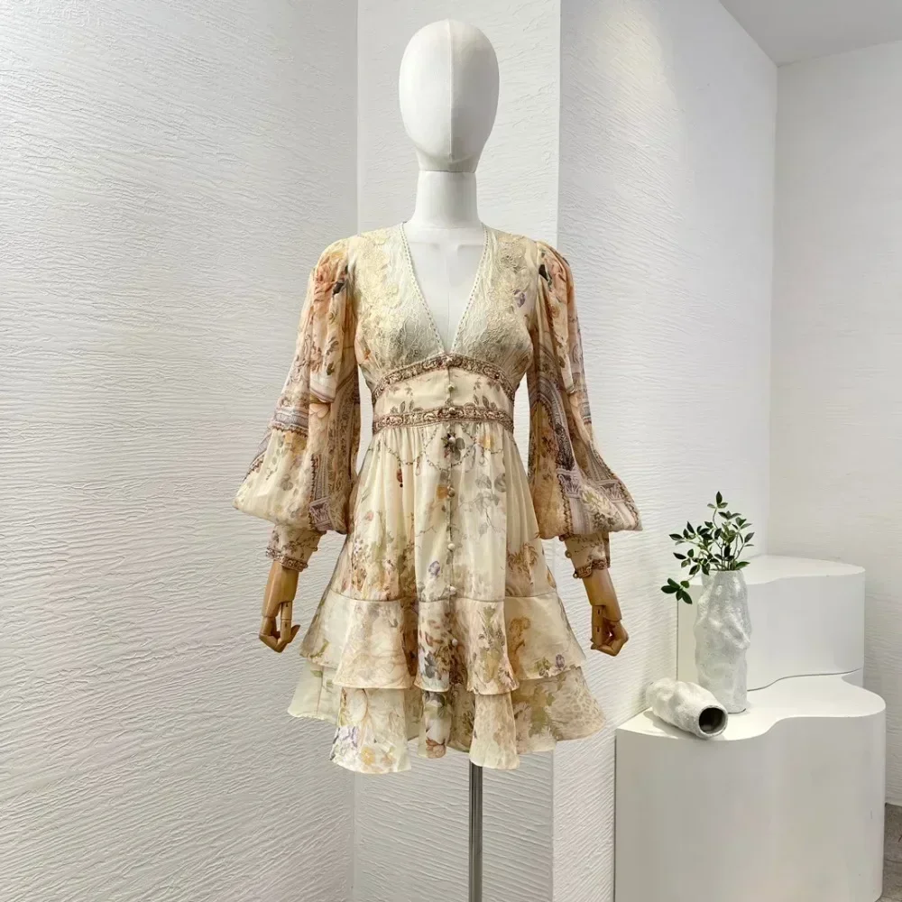 Beige Floral Print Long Sleeve Lace High Quality Deep V Neck Ruched Diamonds Stretchable Waist At Back Mini Dress 2025 Women