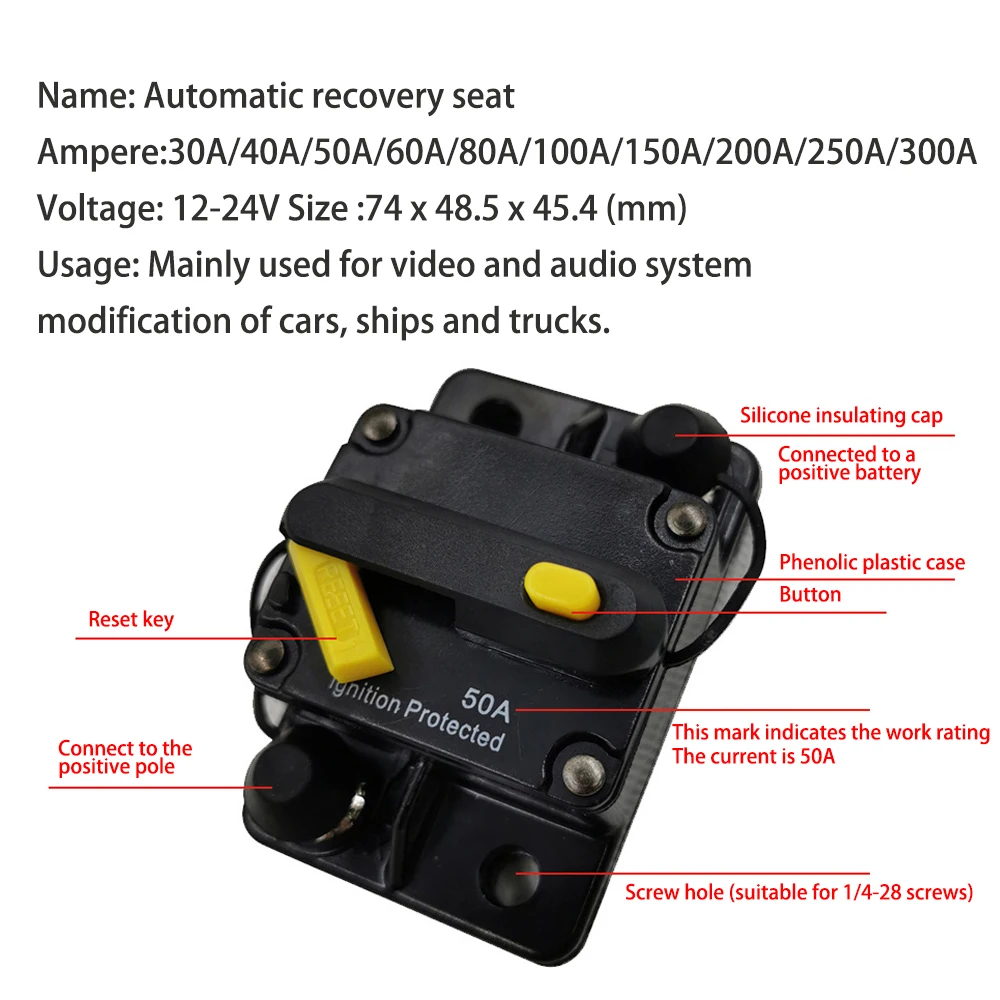 30A 40A 50A 60A 80A 100A 150A 200A 250A 300A AMP Circuit Breaker Fuse Reset DC 12-42V Car Boat Auto Waterproof Switch