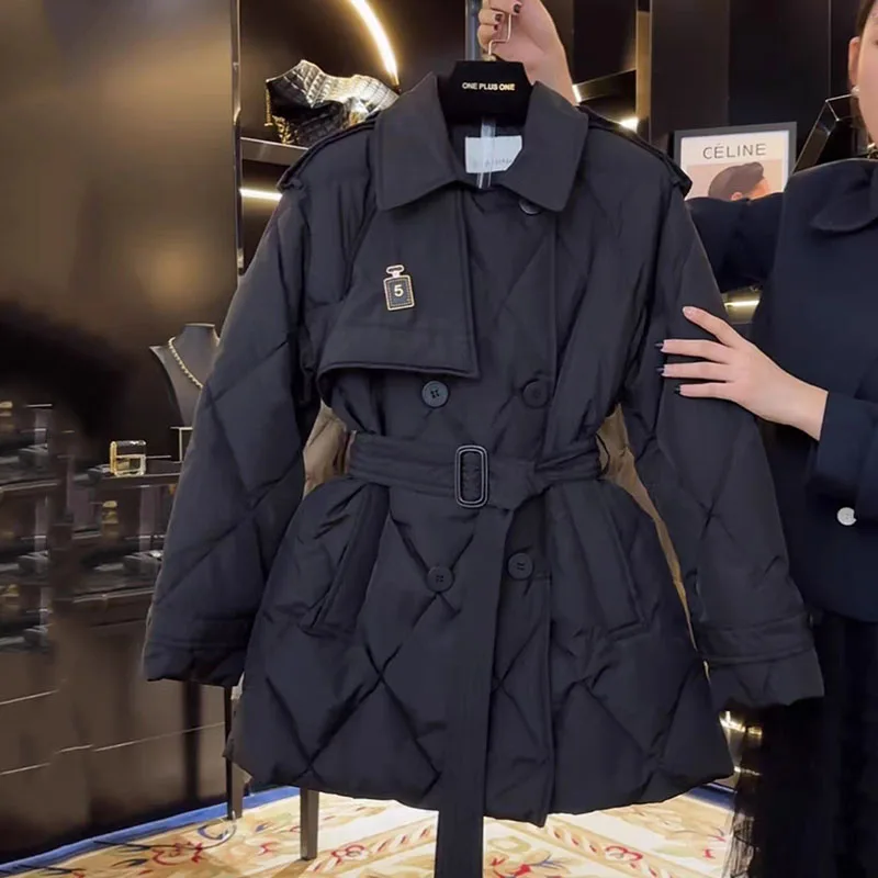 Abrigo de algodón de plumón negro de gran tamaño para mujer, chaqueta acolchada cálida, ropa de algodón de rejilla en forma de diamante larga para