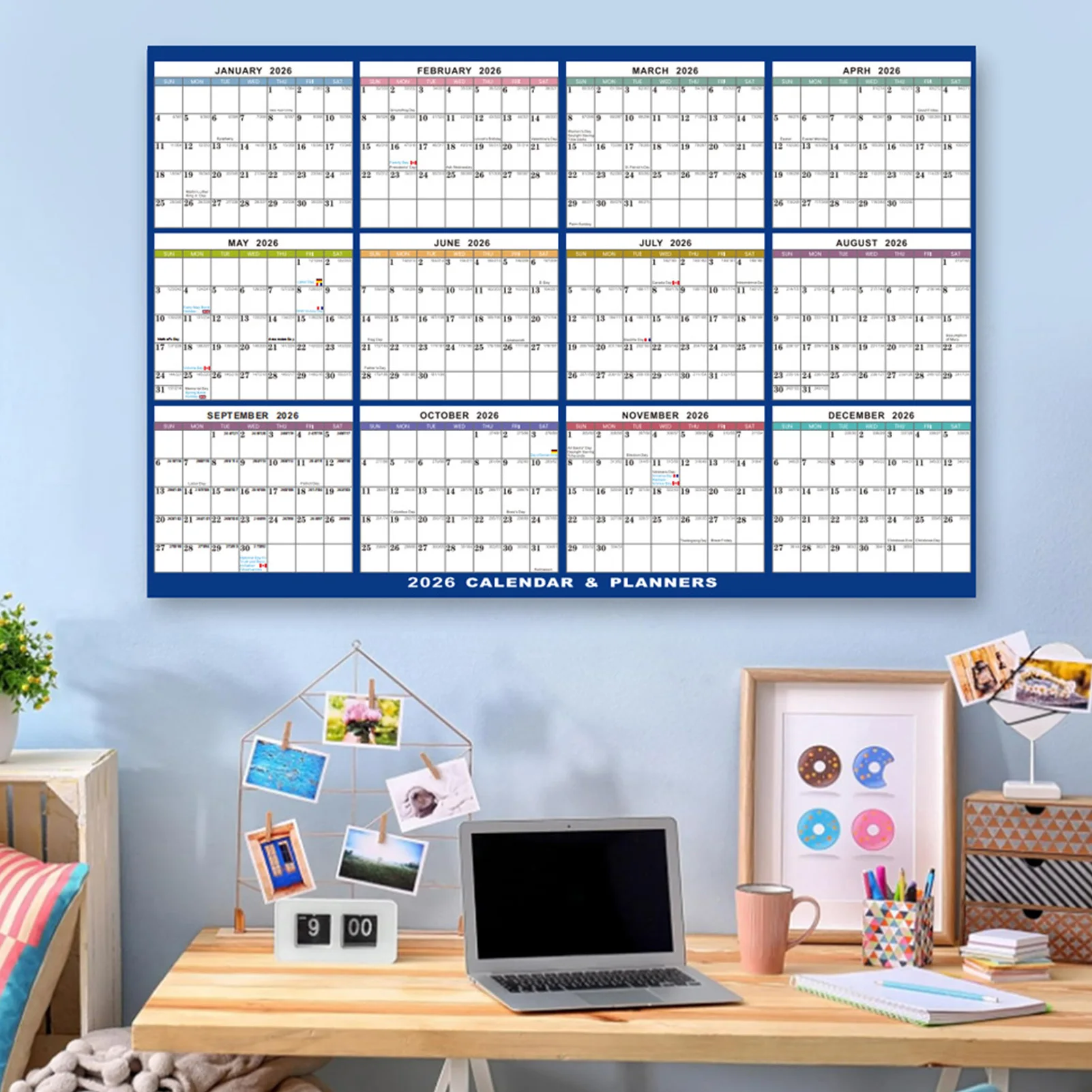 

Английский двусторонний ламинированный настенный календарь на 2026 годы, стираемый складной дизайн, подвесной настенный планировщик для офиса, дома, школы