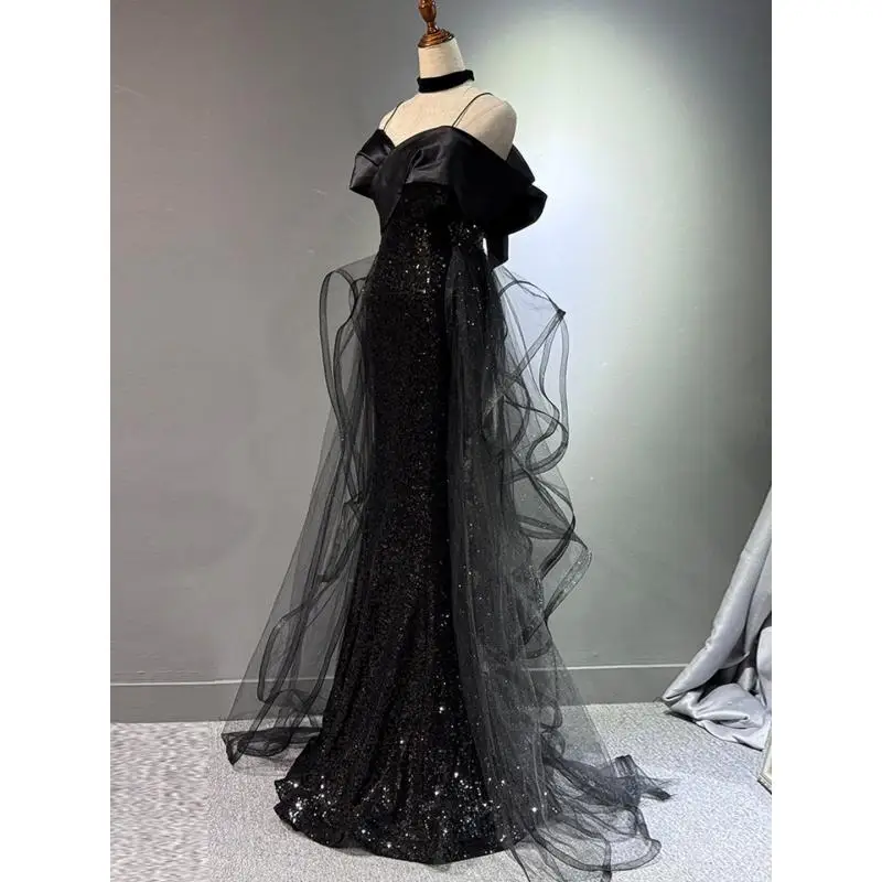 Light Luxury Sequined Black Evening Gown Grand And High-end Slim Fit Adult Ceremony Host Temperament Fishtail Skirt Customized