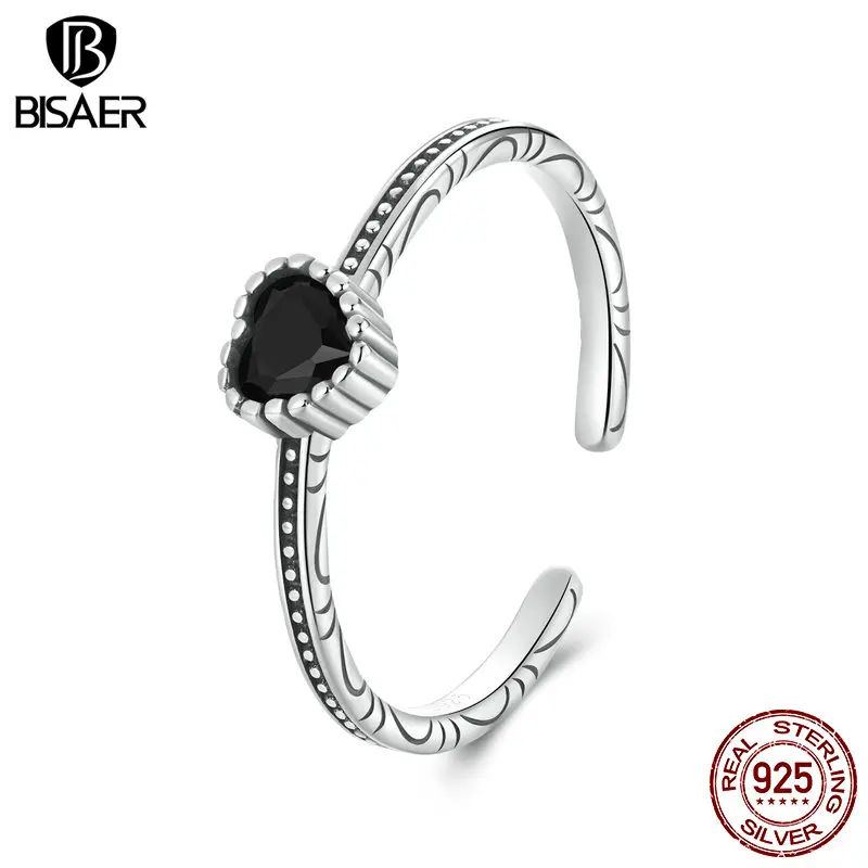 BISAER 925 Sterling Silver Vintage Nightfall Heart Open Ring Retro Pattern Band Adjustable Size 5-9 for Women Party Fine Jewelry