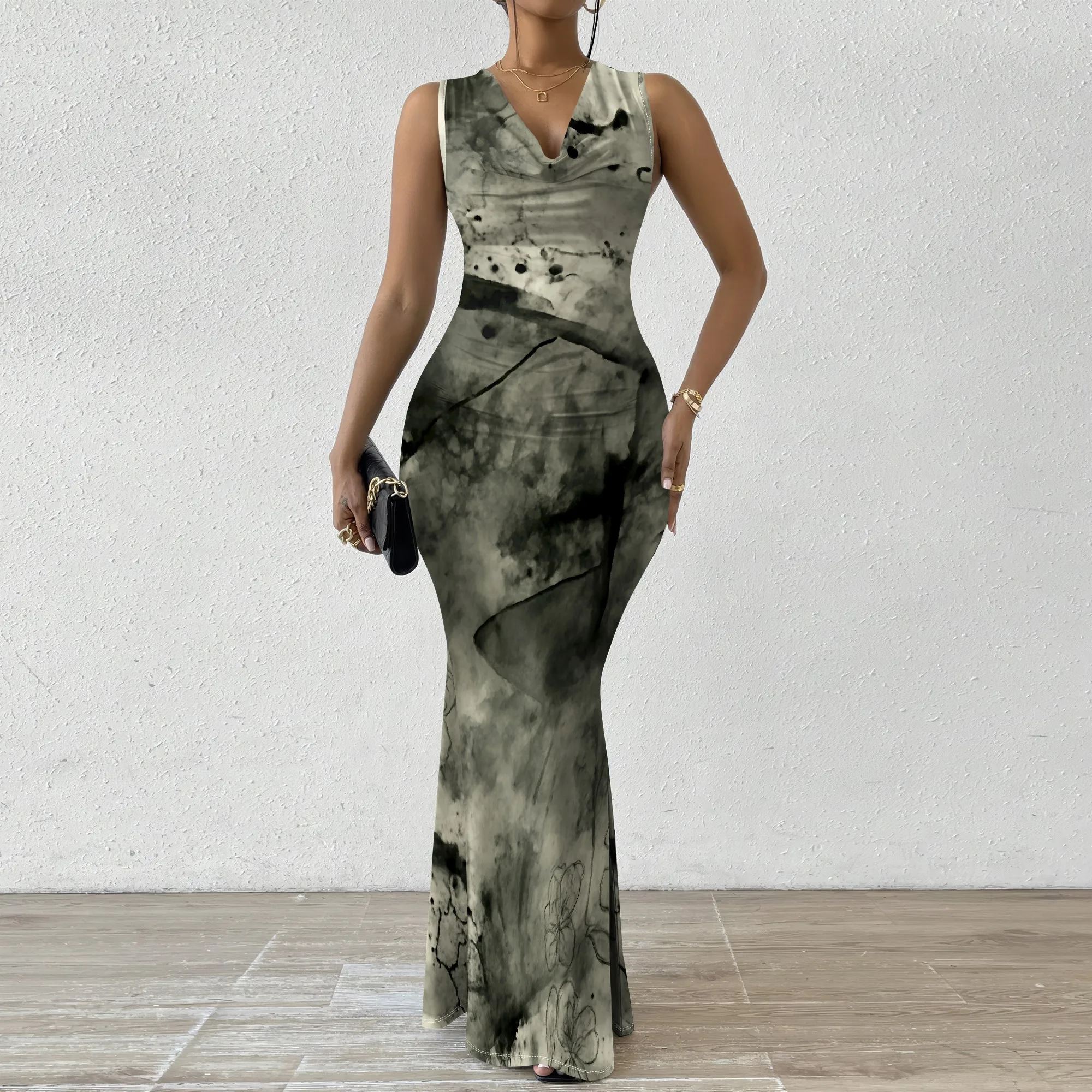 

Abstract Print V-Neck Maxi Dress Women's 2025 New Arrival XS-2XL Casual Evening Party Dress