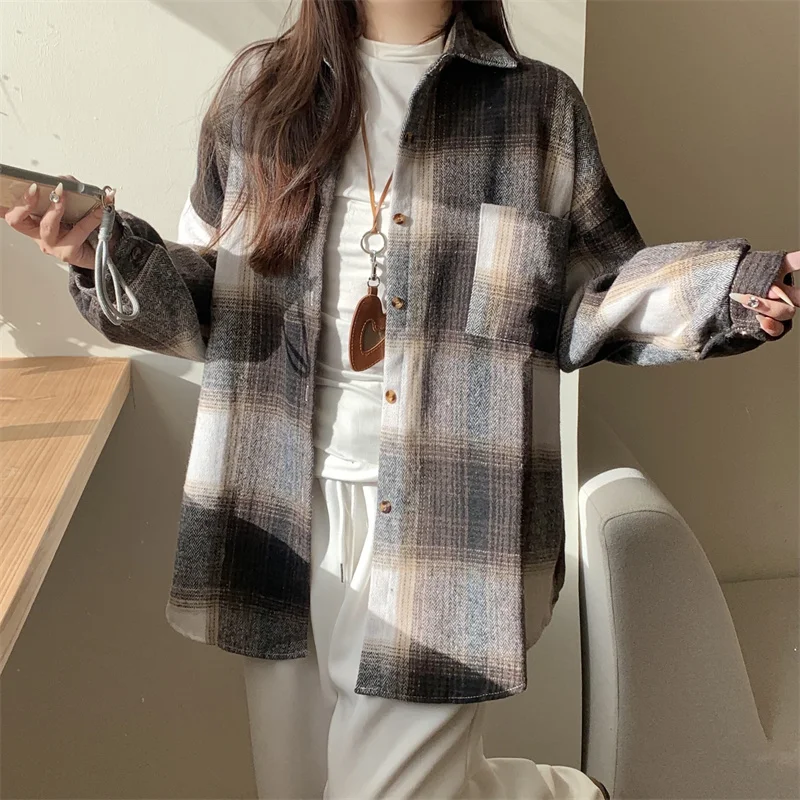 AOSSVIAO 2023 Herbst Winter Neue Casual Shirt Frauen Dicke Wolle Plaid Bluse Lose Lange Ärmeln Tops Lange Shirts