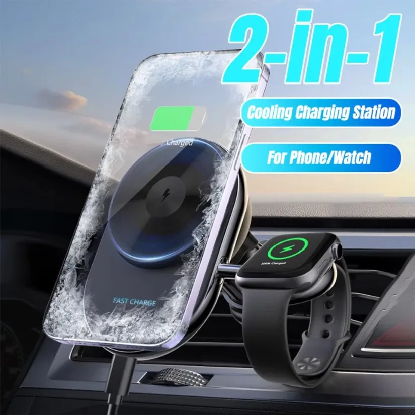 

Автомобильное беспроводное зарядное устройство 2 в 1, кулер для телефона, часов, зарядные устройства 360 ° Крепление вентиляционного отверстия с вращающимся вентиляционным отверстием для iPhone 17–12 iWatch 10 9, быстрая зарядка