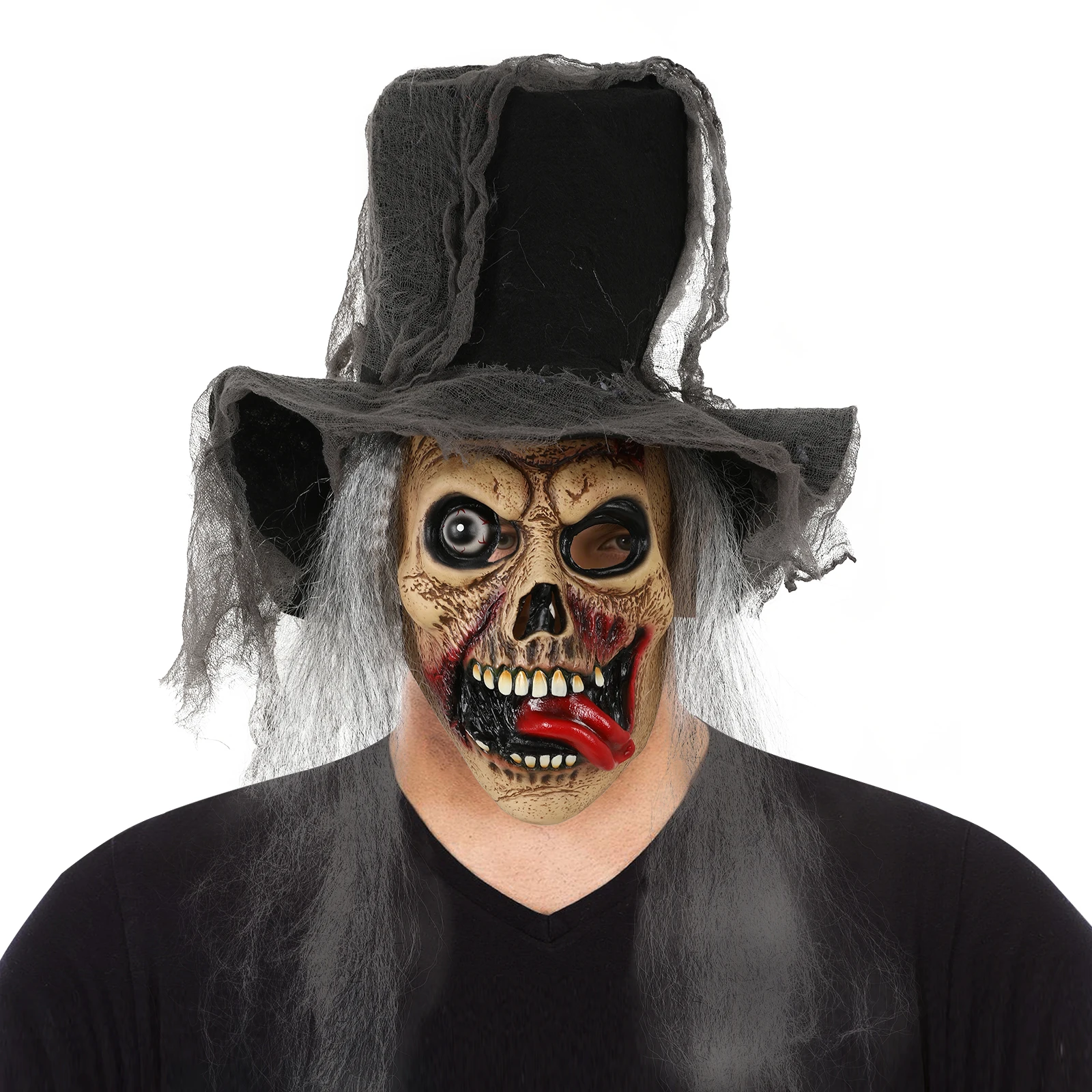 해골 마스크 할로윈 무서운 해골 유령 얼굴 한쪽 눈 라텍스 풀 페이스 마스크 소름끼치는 혀 뻗어나는 마스크 코스프레 의상 소품