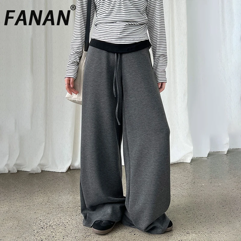 

FANAN Minimalism Drawstring High Waist Pants For Women Solid Straight Wide Leg Trousers Office Lady Clothes 2025 Autumn New