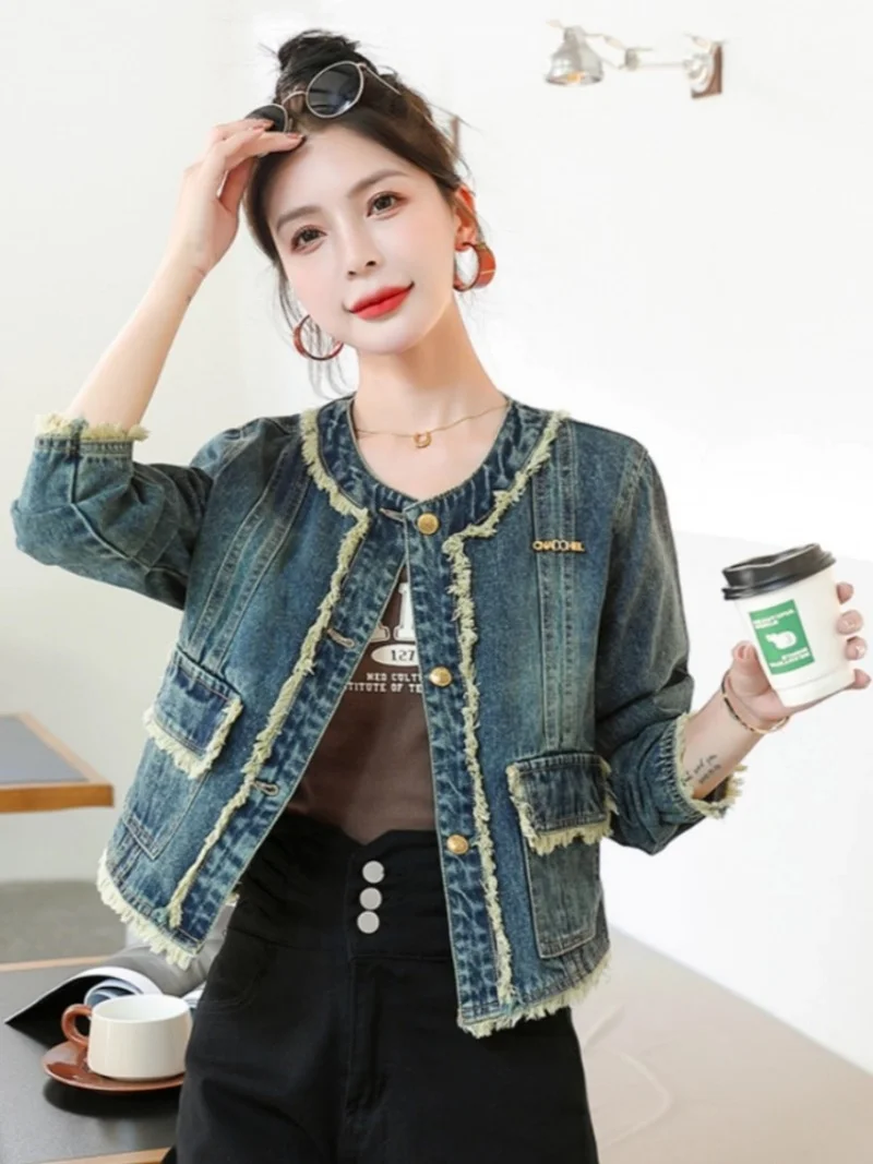 Denim Jacket Women 2025 Spring And Autumn New Style Tassel Fringed Round Neck Retro Jeans Short Coat Trend W280