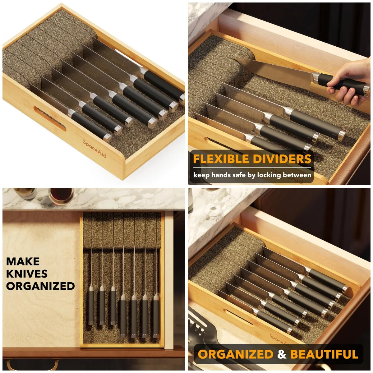 

Bamboo Knife Drawer Organizer, 9' Wide, Kitchen Steak Knives Holder, Natural, Medium