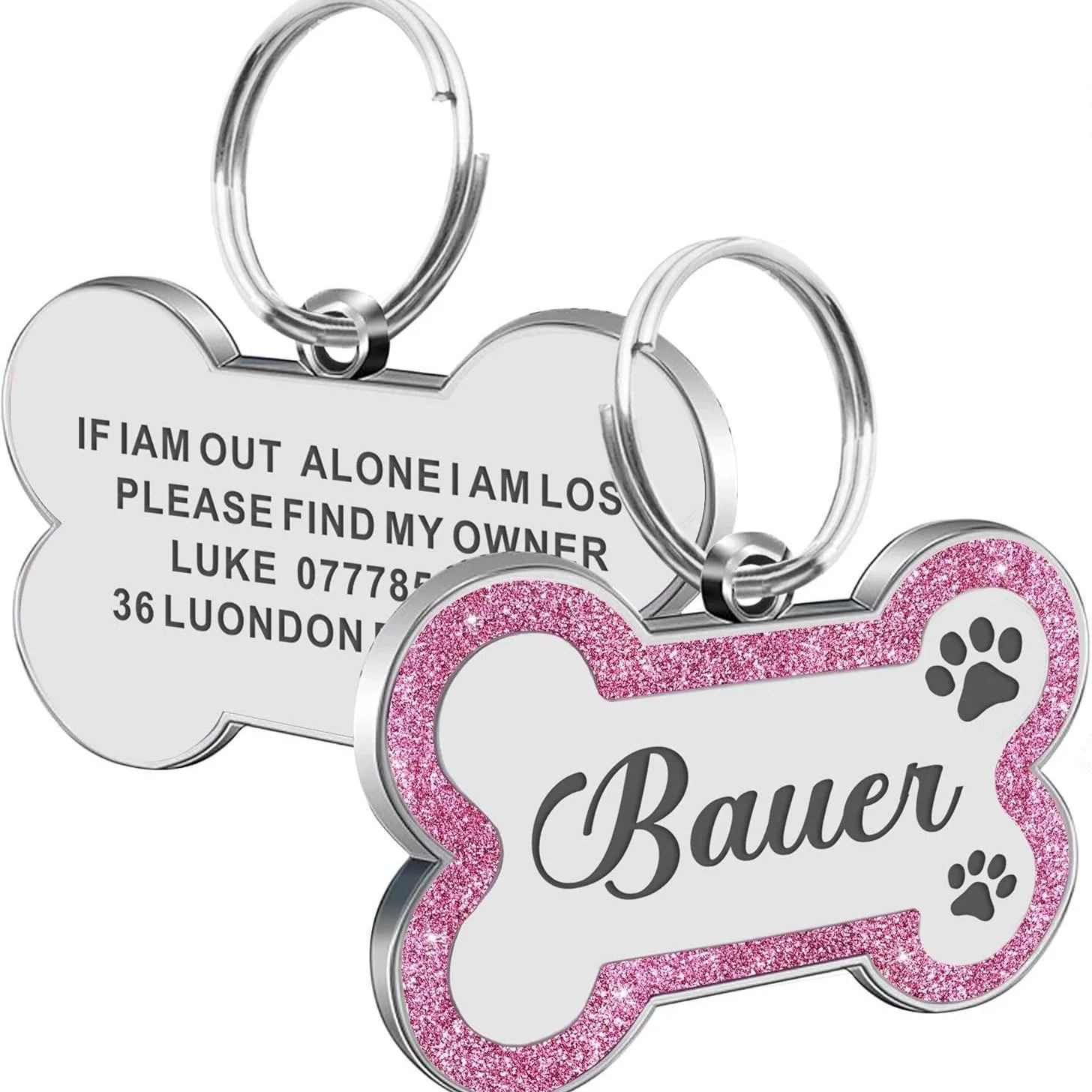 Personalised Bone-Shaped Pet ID Tag, Laser-Engraved with Name and Phone Number Glitter Border Dog Collar Tag Custom Pet Name Tag
