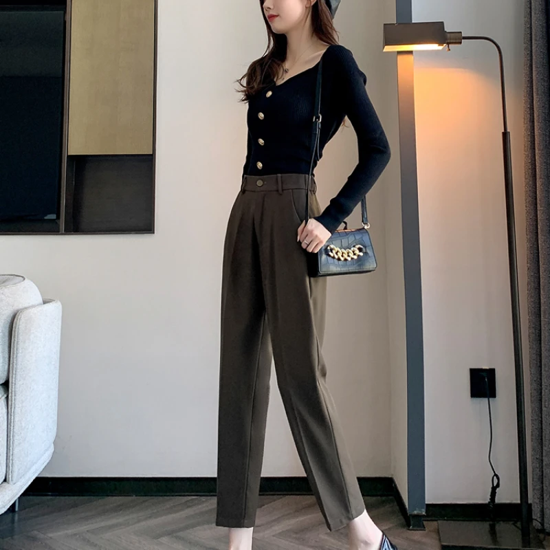 Women\'s Black High-Waisted Suit Pants 2024 Spring Summer Solid Button Casual Loose Ankle-Length Trousers Women