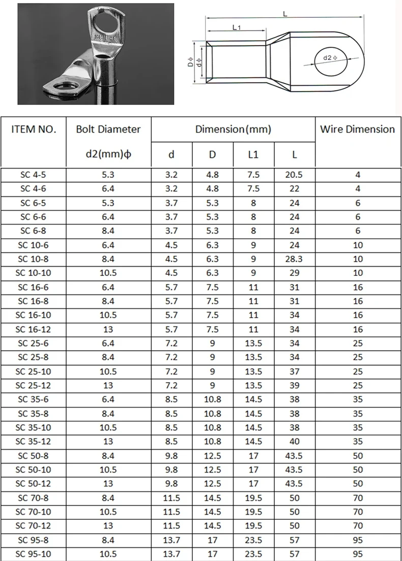 5PCS SC70-8 70-10 70-12 Copper Cable Lug Kit Bolt Hole Tinned Cable lugs Battery Terminals copper nose Wire connector REALLY