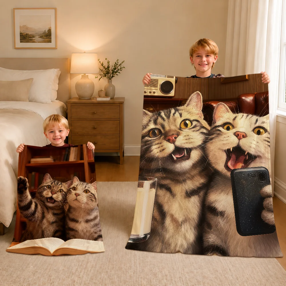 Kawaii Kitten Vintage Cute Funny Art Cat Warm Soft Plush Blanket For Sofa Living Room Nap Home Bedroom Travel Gift Flannel Hogar