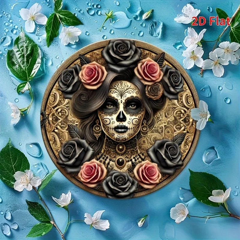 2D Flat, [2D flat]1pcs Mexican Death Skull Day and Day of the Dead art, retro-inspired aluminum circular decorative plaques, vib