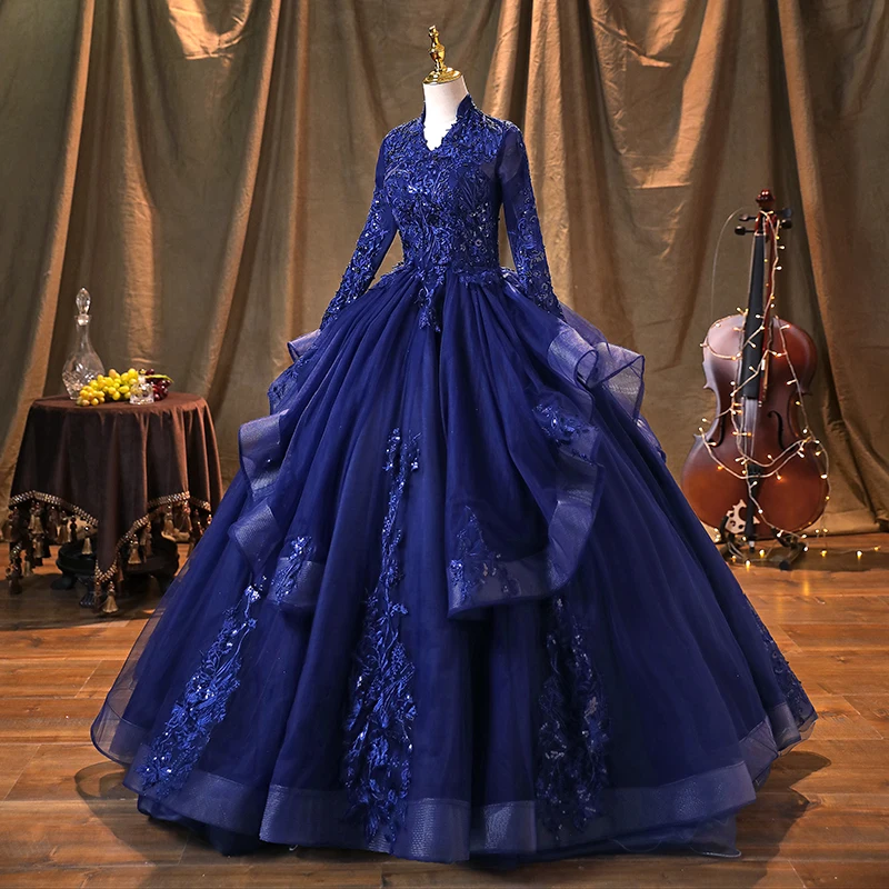 AnXin SH – robe de soirée en dentelle bleu marine, tenue princesse vintage, à manches longues, col en v, avec perles et cristaux, à volants, pour fête sur scène