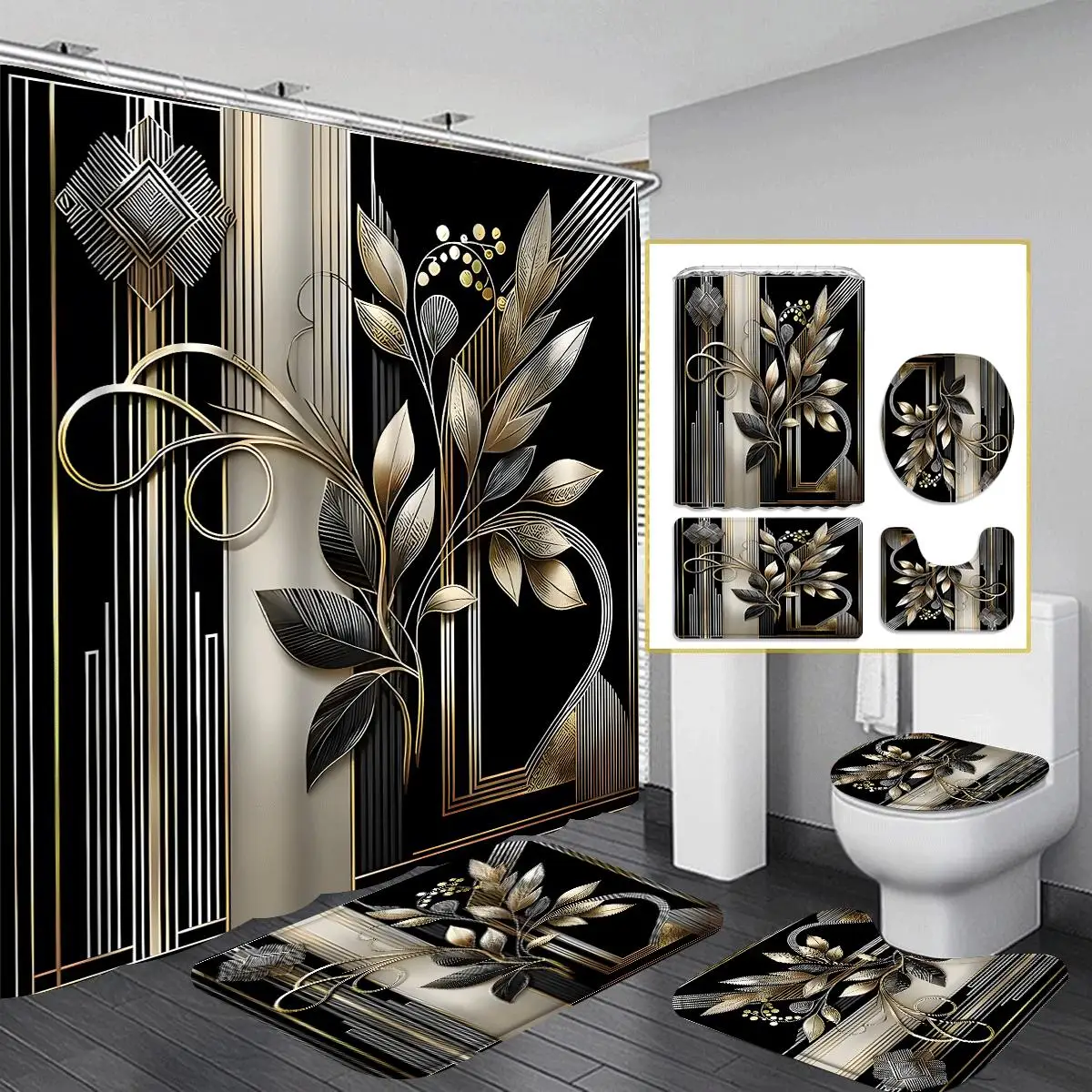 

4pcs plant line pattern shower curtain set, Noble elegant shower curtain set, aesthetic art shower curtain set, modern personali