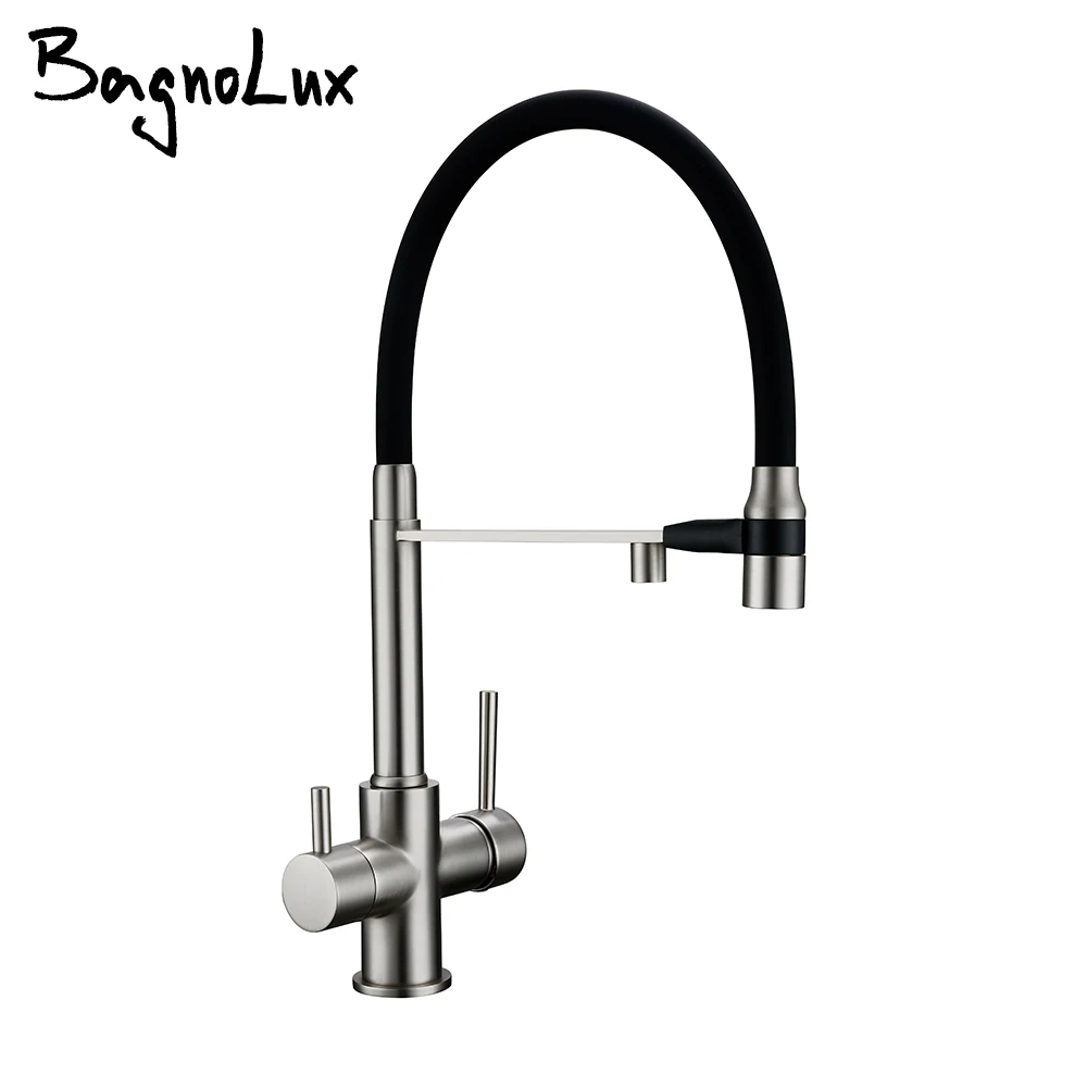 

Brushed Nickel Kitchen Faucet Pull Out Double Handle Kitchen Tap Matte Chrome Kitchen Mixer Brass Single Hole 3 Ways Sink Tap