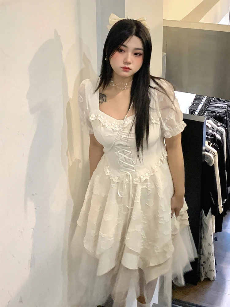 Slightly Fat Square Neck Dress Fashionable Irregular Dress Women's 2024 Summer French Retro Lolita Girls' Dress