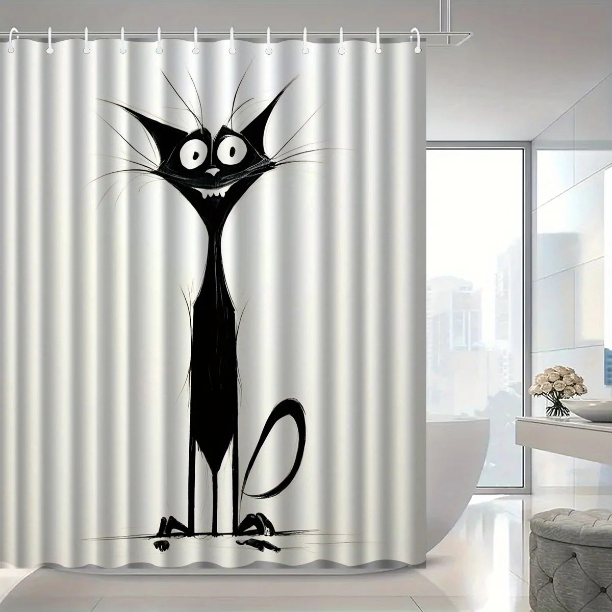 

Причудливая занавеска для душа с черным котом, игривый мультяшный дизайн, полиэстер, который можно стирать в машине, идеально подходит для декора ванной комнаты