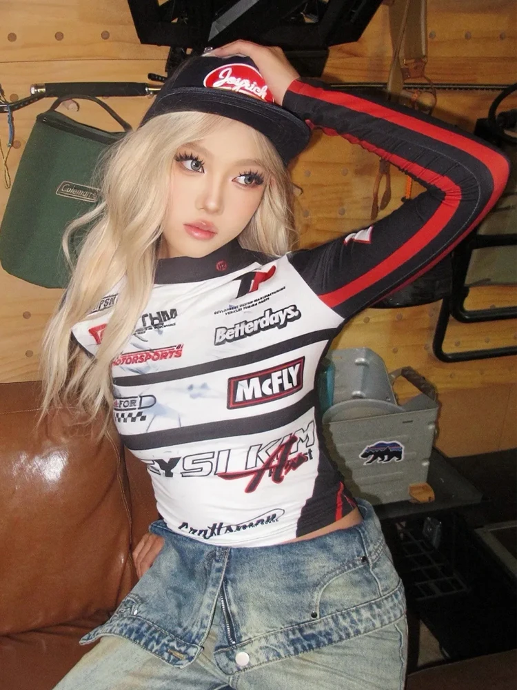 Women's Slim Fit Crop Top Long Sleeve Motorcycle Shirt Sun Protection Base Layer Racing Style Streetwear Y2K Aesthetic