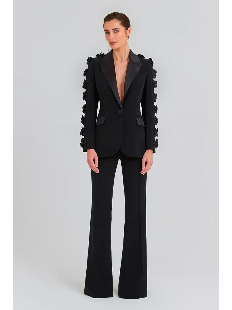 JONN Sexy Flower Black Set Women V Neck Long Sleeve 3D Flower Blazer + Pants Two-Piece Set Elegant Party Runway Club Evening