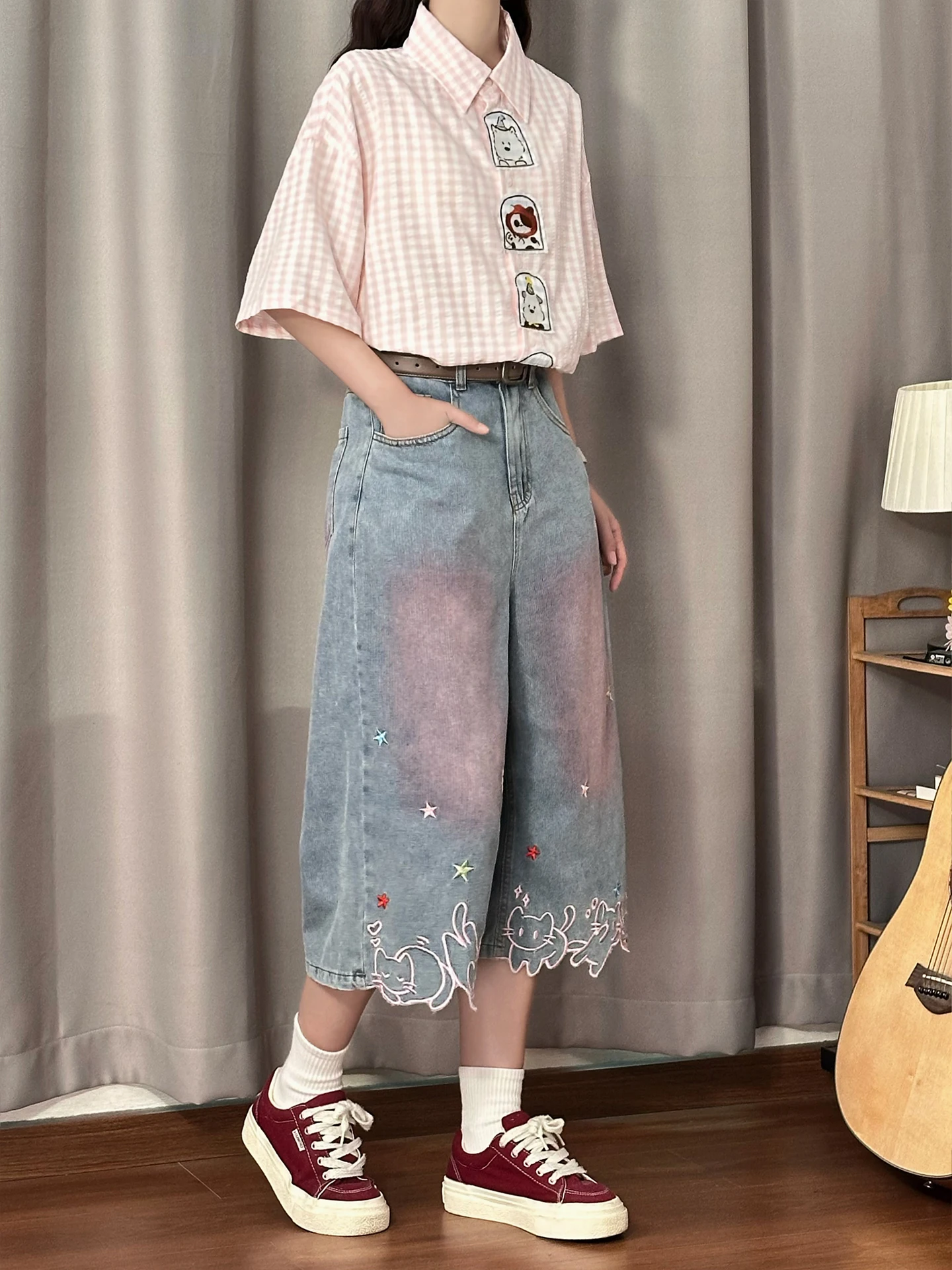 Retro American Star  Embroidery Denim Jeans Loose Wide Leg Shorts Women's Summer Comfortable Casual Cartoon Print Pants