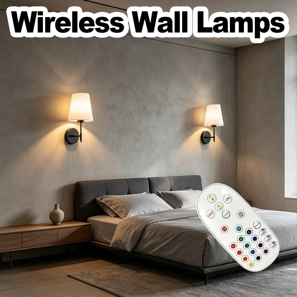USB Rechargeable Wall Sconce 12 RGB Colors 5 Level Dimming Remote Control No Wiring Bedroom Living Room Hallway Fabric Shade