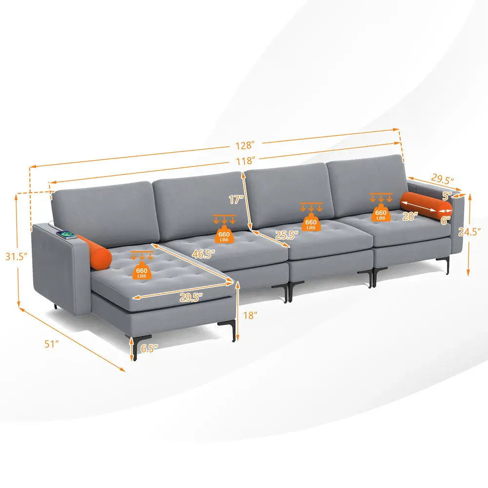 Costway Modular L-shaped Sectional Sofa w/ Reversible Chaise & 4 USB Ports Ash Grey