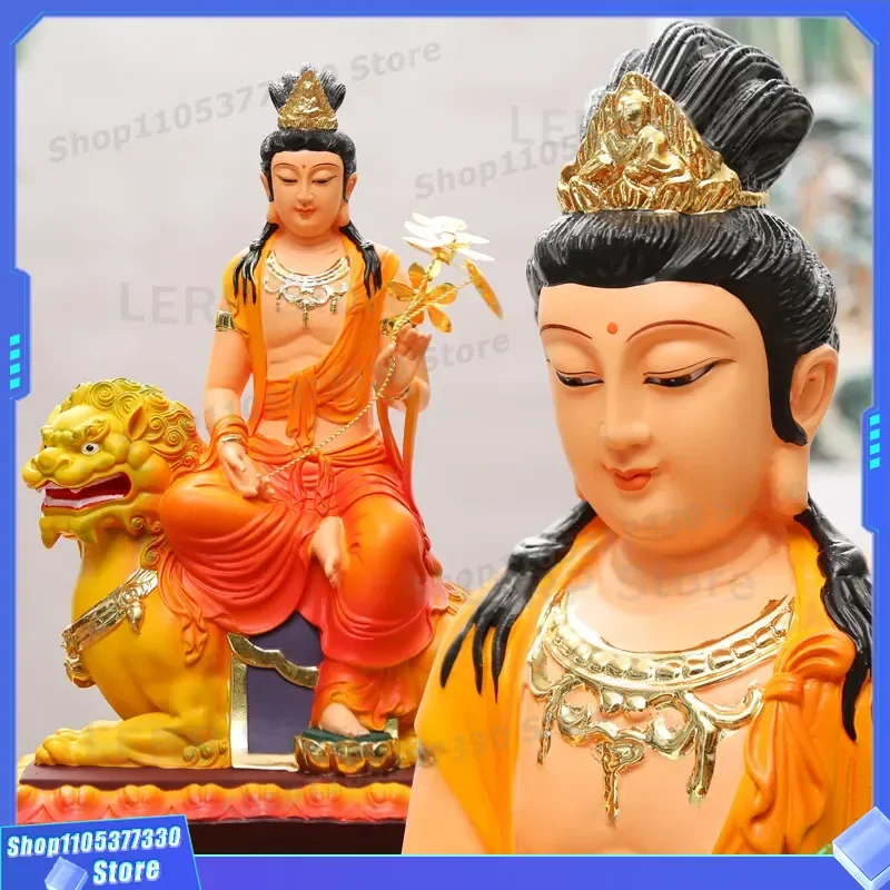 Hand Painted Resin Manjushri Bodhisattva Statue Huayan Three Saints Ornament Puxian Buddha Figure for Home Decor Feng Shui