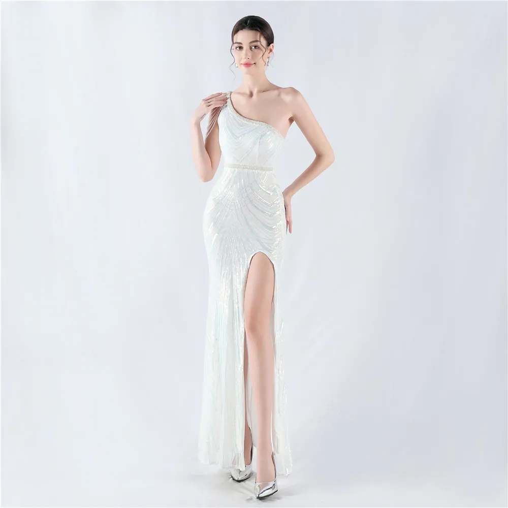 DEERVEADO 8 Colors Sexy Slit Evening Dress for Woman One Shoulder Luxury Sequins Wedding Party Dresses with Beads Formal Dress