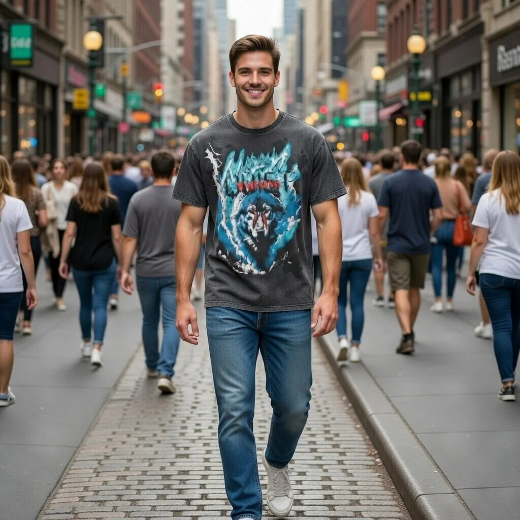 First Row Tee Oversized Graphic Print T-Shirt Wolf Flame Warning Blue Bleach Wash Streetwear Unisex Casual Top