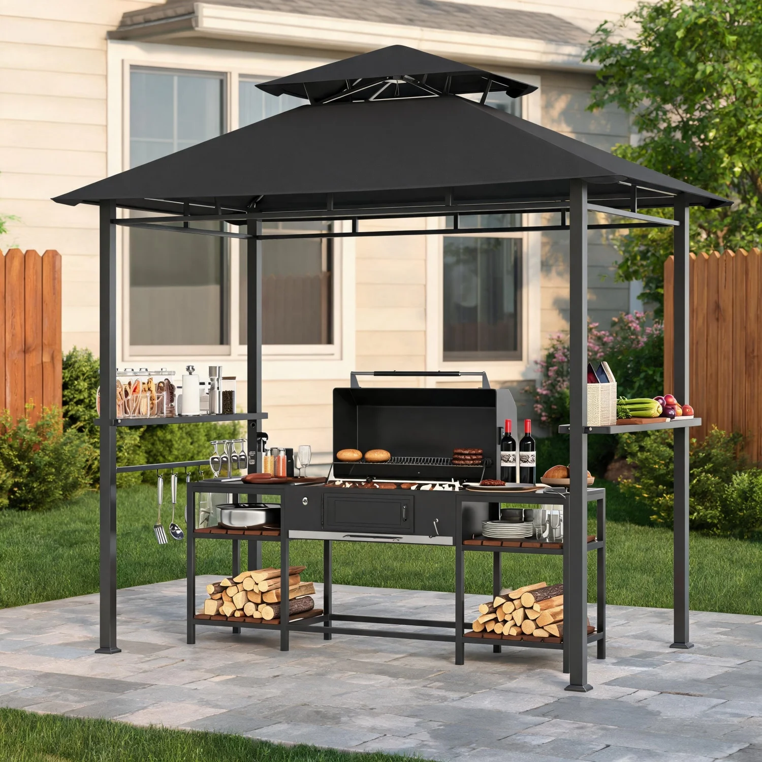 8 x 5 FT Outdoor BBQ Grill Gazebo, Double-Tiered Vented Patio Canopy Tent with 2 Side Shelves,5 Hooks, Bottle Opener and Ground Stakes for Cooking and Outdoor Entertaining