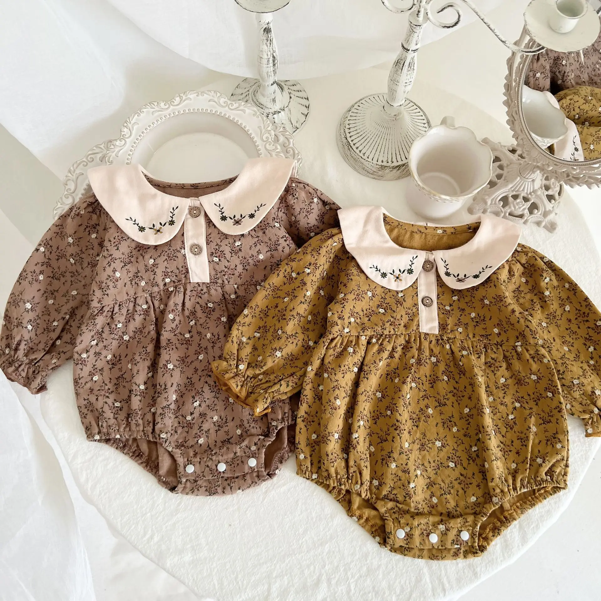 

Baby Girls Clothes Autumn 2023 New Embroidered Doll Collar Baby Romper Long Sleeve Flower BodySuit Jumpsuits Newborn Clothes