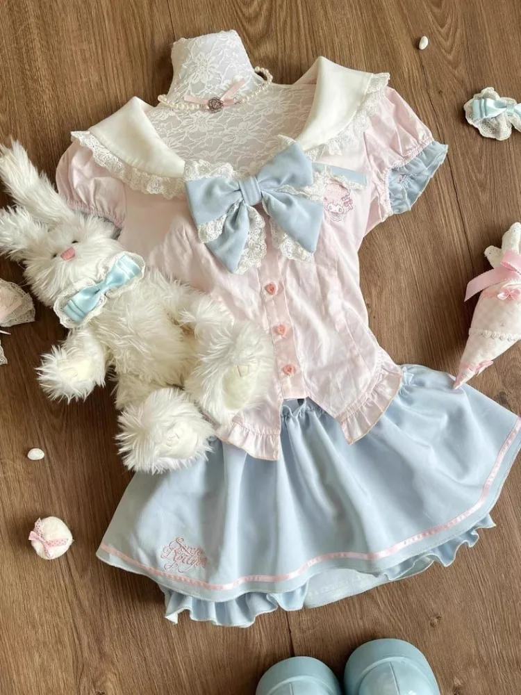 جرلي الصيف نمط Preppy الربط شيك مجموعات النساء البحرية طوق قميص + تنورة منتفخة دعوى الحلو عالية الخصر 2 قطعة مجموعة 2025 جديد