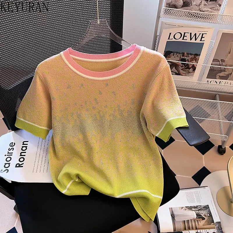 2024 Summer Colorful Gradient Color Matching O-neck Loose Short-sleeved Ice Silk Sweater Women Thin Diamonds Knitted T-Shirt Top