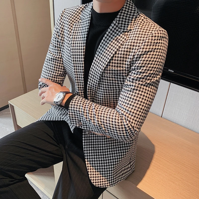 British Style Slim Fit Houndstooth Blazer Men 2022 Fashion  Business Office Wedding Dress Suit Jacket High Quality Male Blazers