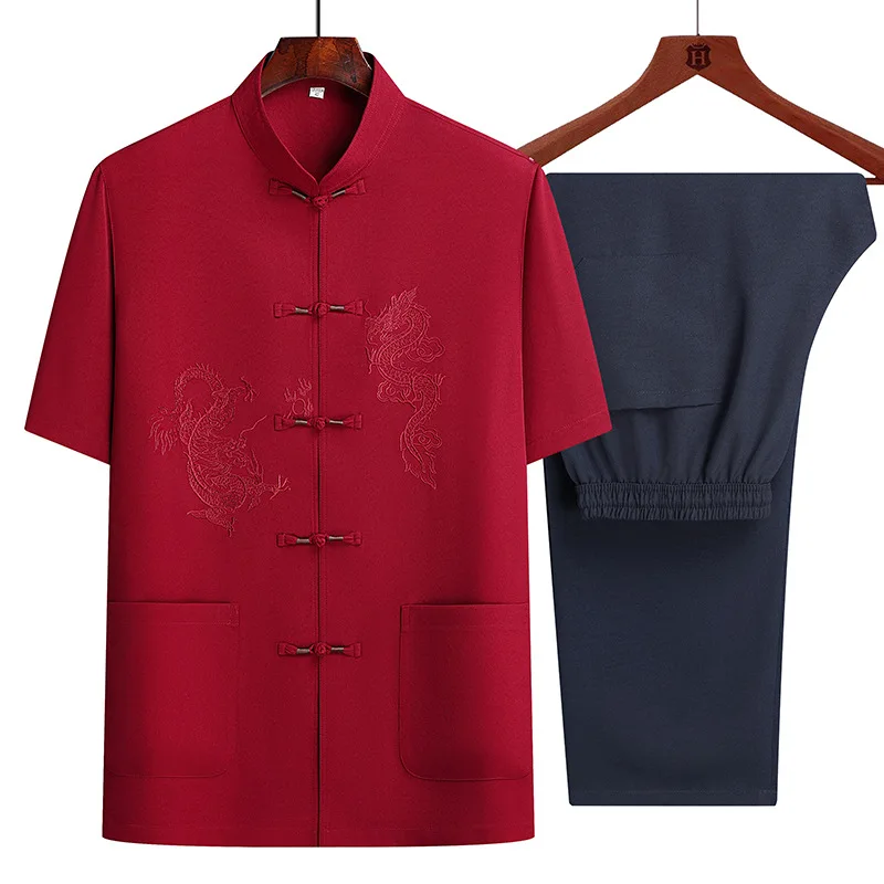 Chinese Silk Dragon Embroidery Retro Tang Suit Kung Fu Tai Chi Clothes Men's Hanfu With Pocket Shirt Bottoming Shirt